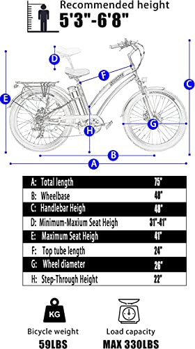 Soumye 48V500W13Ah 26" Step-Thru Beach Cruiser Electric E-Bike